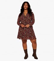 Apricot Curves Red Ditsy Floral V Neck Long Sleeve Button Front Mini Dress